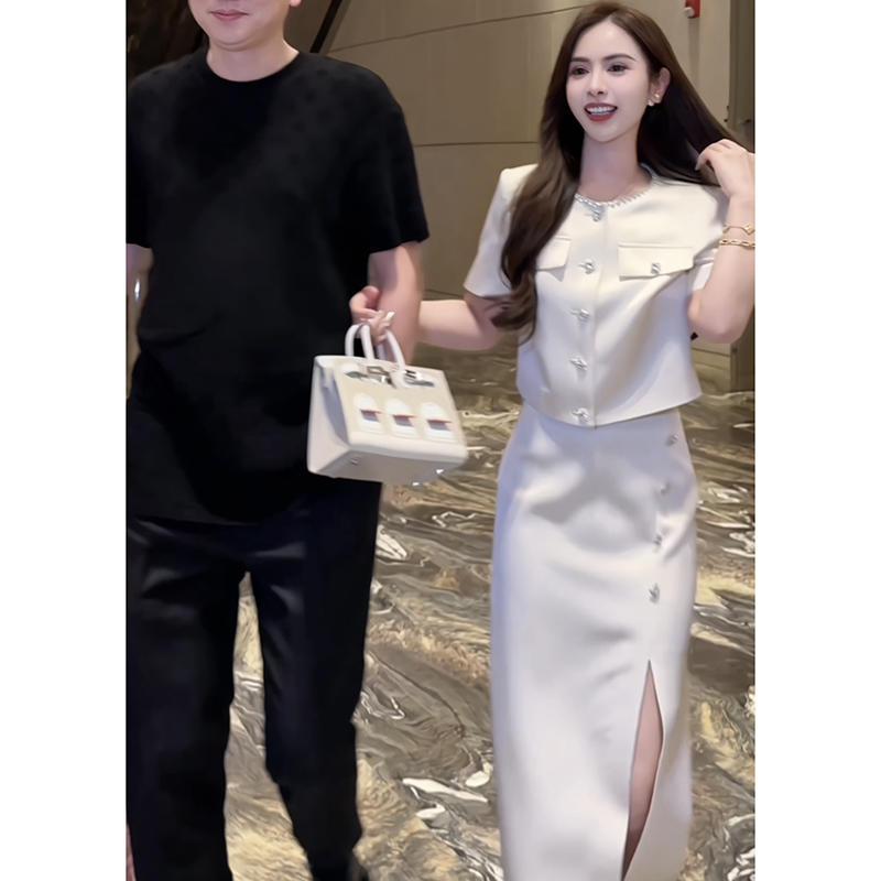 董小姐高端定制奢华钻领上衣半身裙醋酸套装女2025夏季爆款两件套
