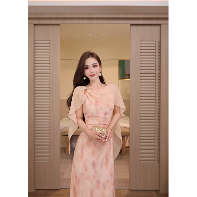 董小姐高端定制女装夏装新款橘粉色斗篷飘逸连衣裙油画裙