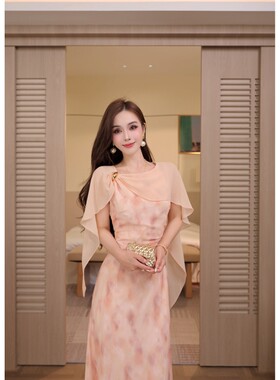 董小姐夏装橘粉斗篷油画连衣裙