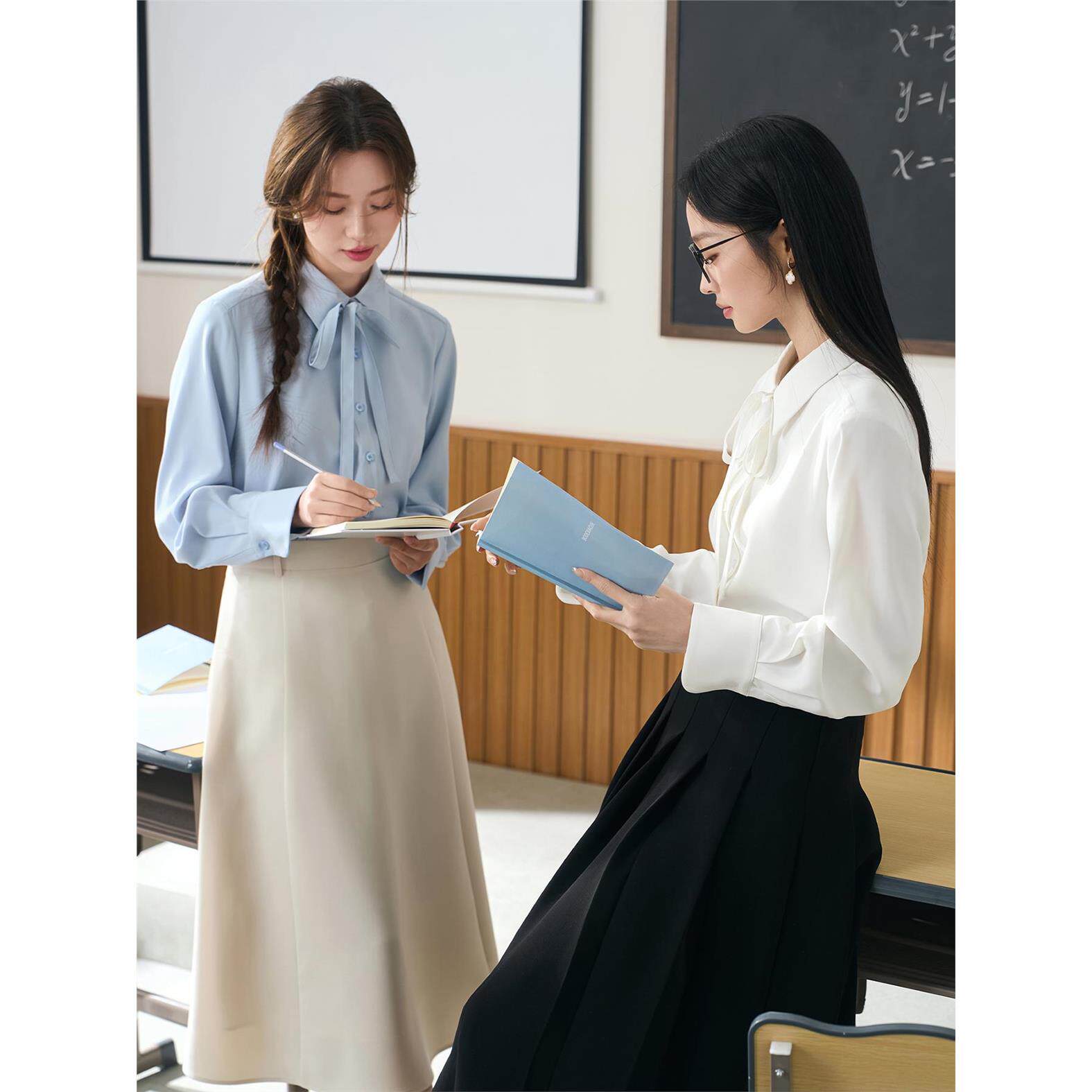 伯德小姐蓝色面试长袖衬衫女职场穿搭蝴蝶结衬衣职业正装通勤上衣