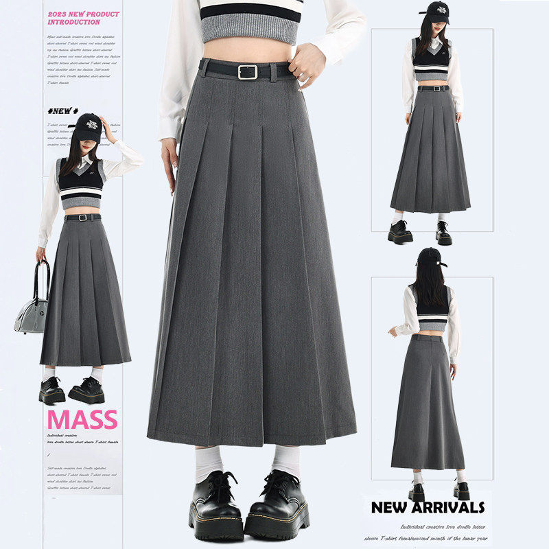 MASS 春款灰色半身裙女2025新款高腰遮胯A字伞裙中长版西装百褶裙