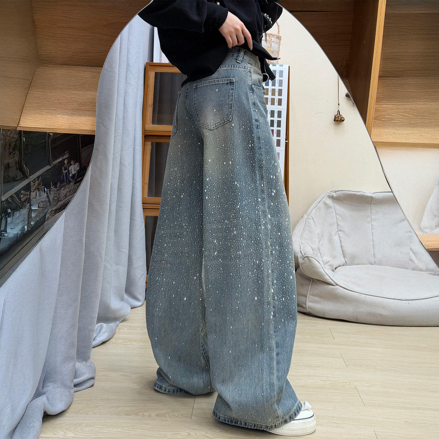 蓝色满天星烫钻阔腿裤女秋冬加绒大尺码胖mm高腰宽松显瘦直筒牛仔