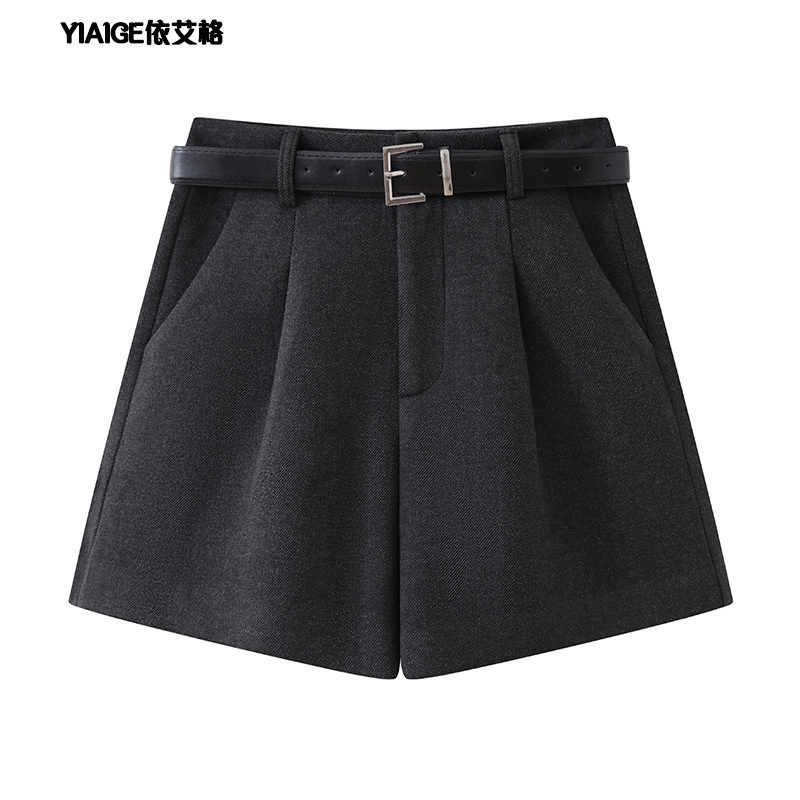 灰色毛呢西装短裤女秋冬2025新款小个子显瘦宽松高腰a字阔腿裤子