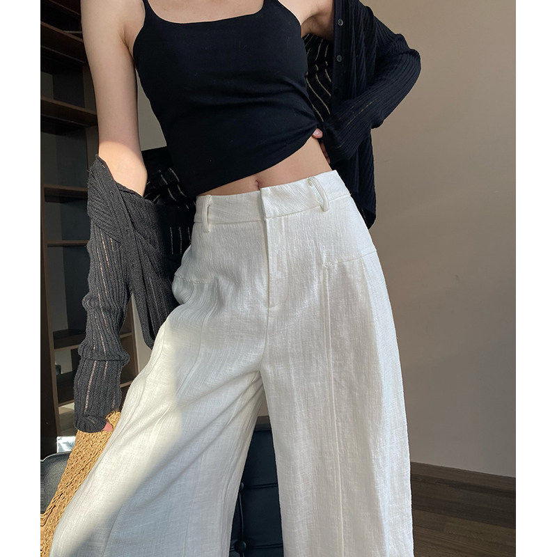 白色亚麻苎麻阔腿裤女夏季薄款高腰垂感老钱风西装直筒棉麻休闲