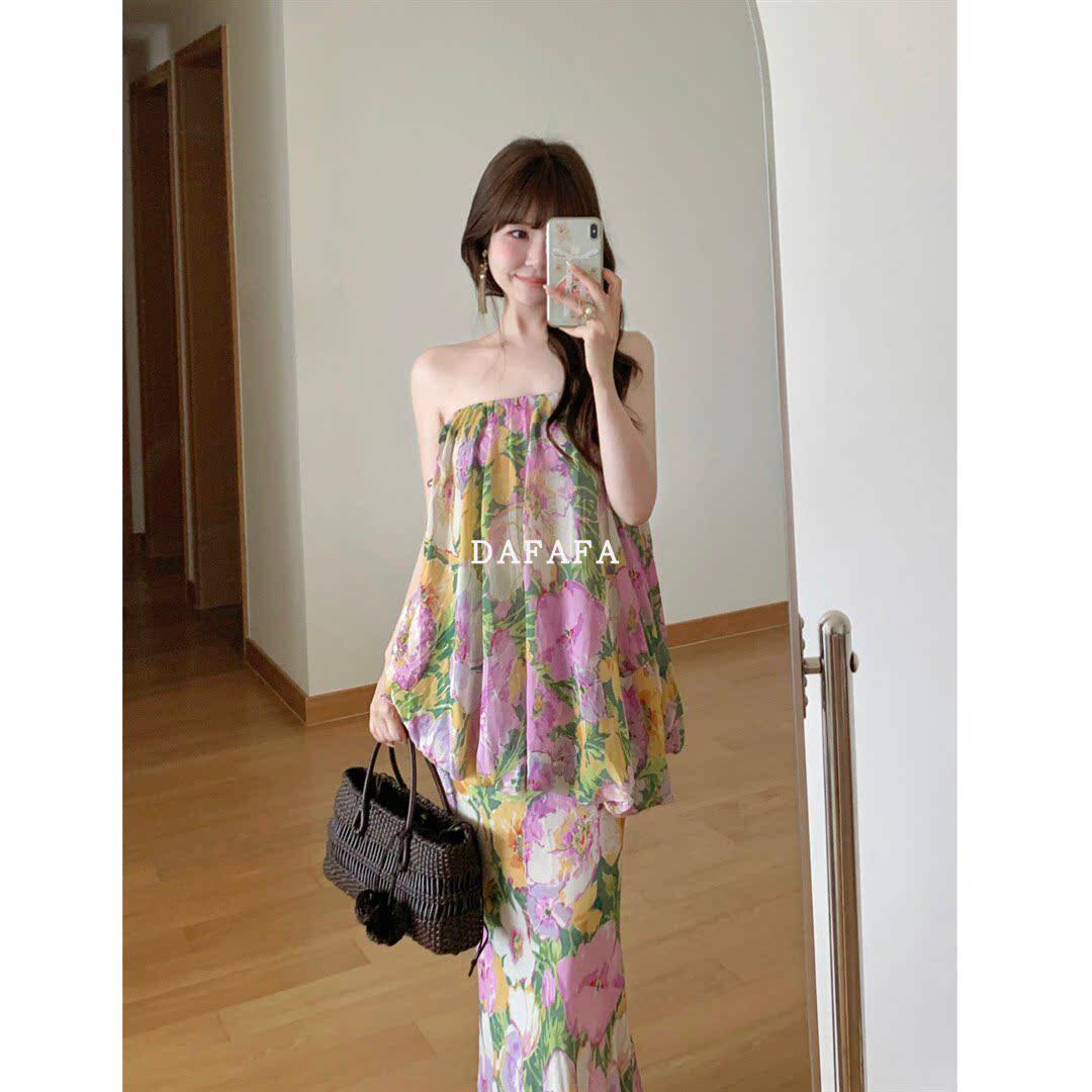 绝美覆古碎花抹胸洋装女夏季海边度假显瘦露肩长裙子 3096152