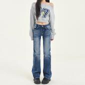 女高腰显瘦垂感拖地裤 VMZM2025年春秋新款 覆古水洗蓝色直筒牛仔裤