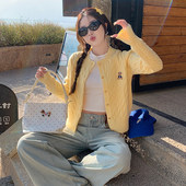 外套春秋穿搭上衣 早春小熊刺绣鹅黄针织衫 黄色开衫 毛衣女2026新款