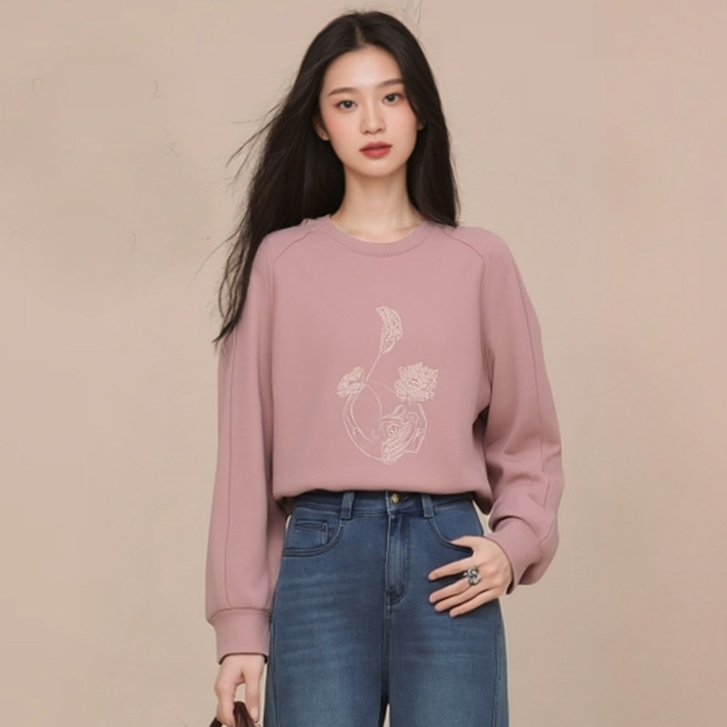 庄姿妮粉色消化圆领长袖卫衣25年秋冬新款女士基础款RA11