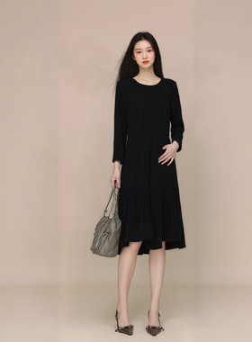 庄姿妮黑色圆领连衣裙中长款26年春夏新款女士S402