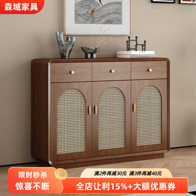 复古风藤编鞋柜家用多功能客厅玄关柜入户门口实木色隔断柜胡桃色