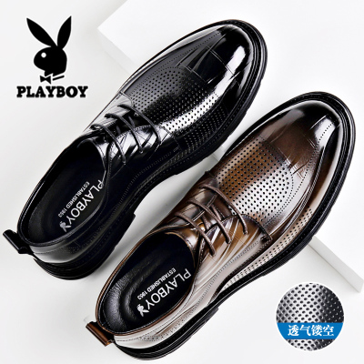 花花公子皮鞋男真皮透气夏季商务正装棕色结婚新郎镂空洞洞皮凉鞋