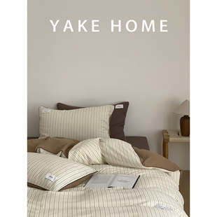 YAKEHOME【纸光云边】复古中古风简约条纹全棉四件套纯棉床单被套