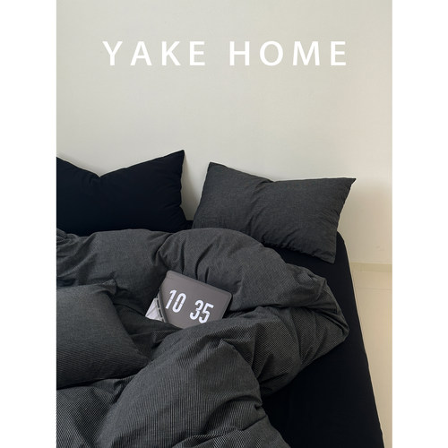 YAKEHOME【夜幕之息】高级感黑色条纹性冷淡风全棉四件套纯棉床单