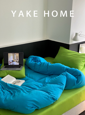YAKEHOME【野渡春潮】A类全棉针织棉四件套蓝绿色天竺棉纯棉床单