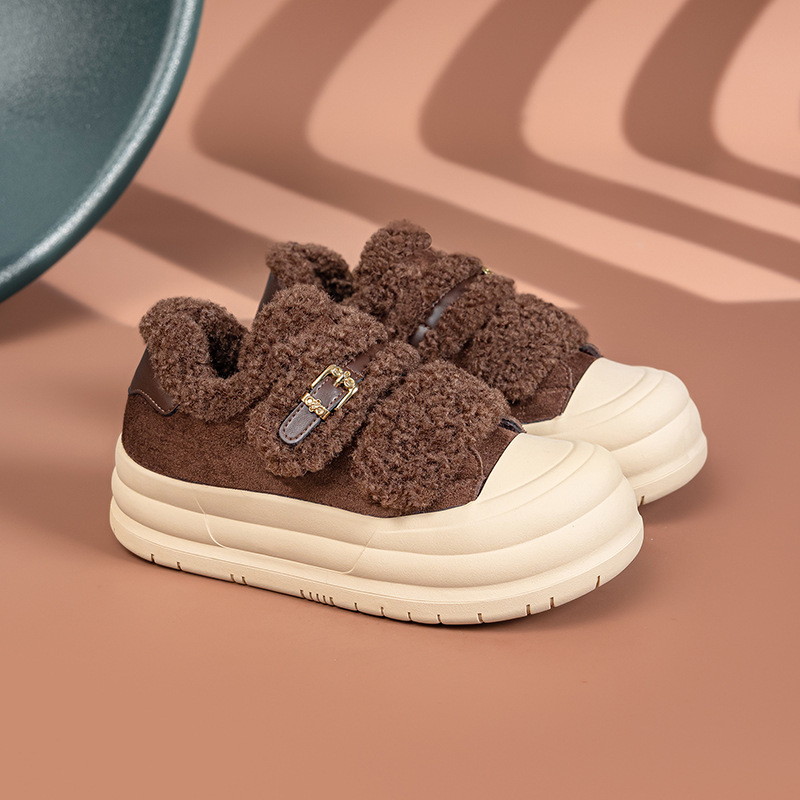 2025冬季新款毛毛鞋女加绒板鞋女厚底运动魔术贴保暖棉鞋大码女鞋