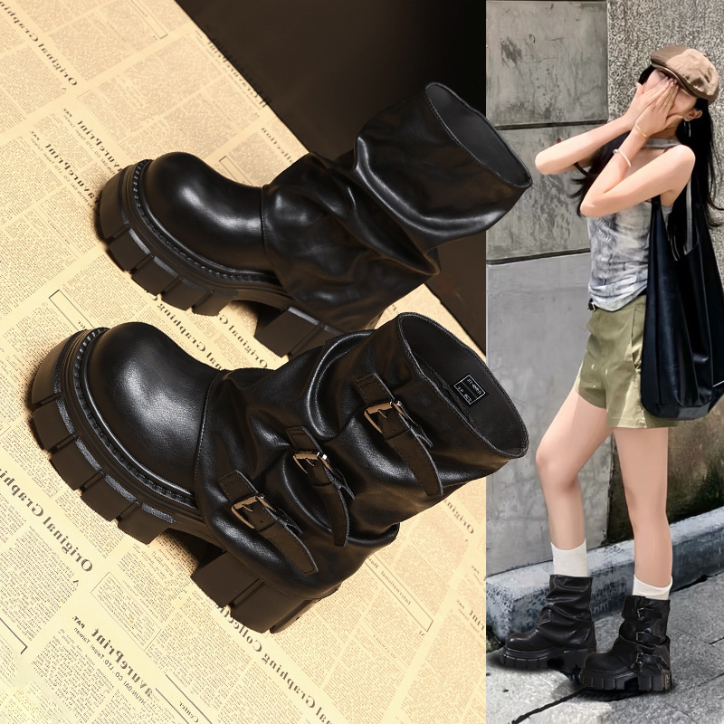 hs9566-21l厚底内马丁靴女2025秋季新款9cm复古洋气堆堆短靴