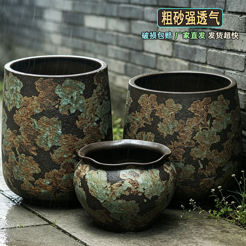 户外落地景观陶瓷花盆园林阳台超大种树陶土盆透气复古陶罐高筒盆
