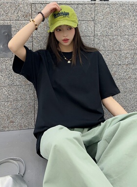 26春款韩版宽松大版中长款圆领短袖上衣内搭外穿240克纯色t恤女