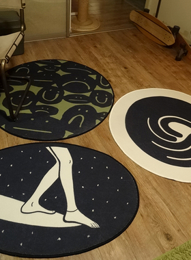 TRIPPY原创 银河冲浪手 迷幻黑猫 涂鸦笑脸 艺术圆形地垫圈绒地毯