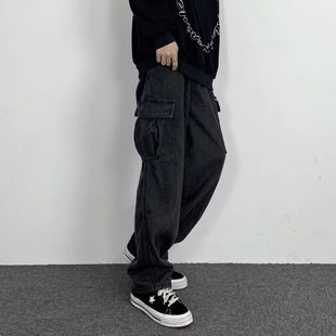 潮流宽松拖地老爹裤 韩国ins牛仔裤 韩版 直筒裤 男水洗做旧暗黑工装