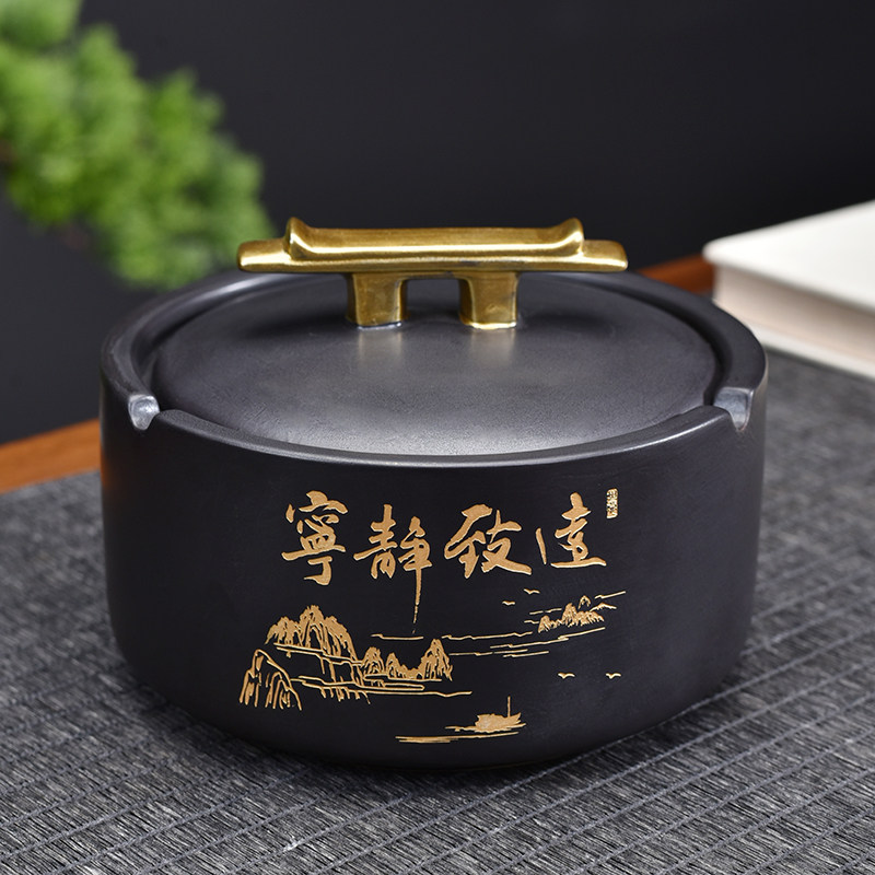 创意烟灰缸带盖防飞灰防烟味家用中式轻奢陶瓷烟缸家居茶桌收纳盒