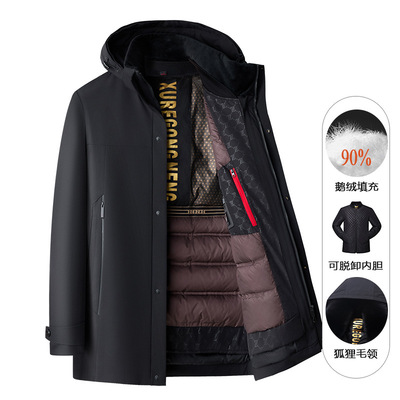 冬季新款中老年鹅绒羽绒服男士中长款加厚保暖脱卸内胆爸爸装外套
