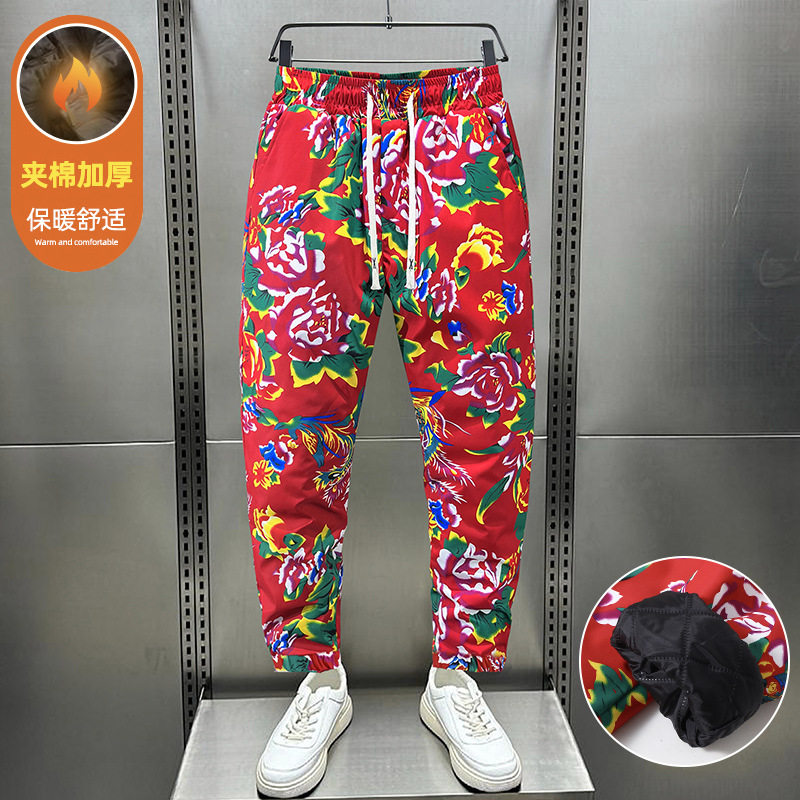 新款东北大花加棉裤子男女时尚个性束脚裤宽松潮流中国风夹棉