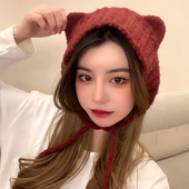 韩国代购 毛线护耳帽女冬 ins系带可爱猫耳朵保暖针织耳罩耳暖帽子