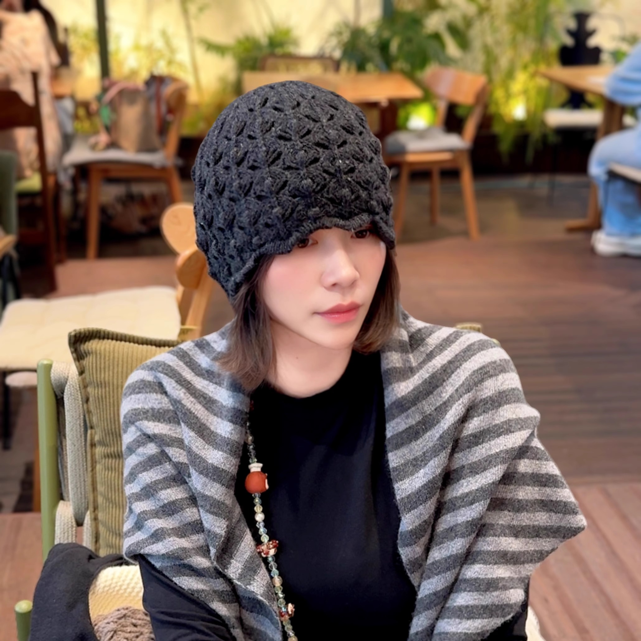 韩版羊毛花纱钩花镂空针织包头帽