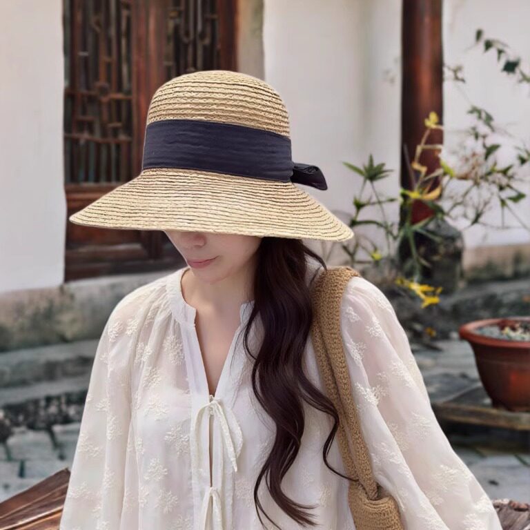 韩国拉菲草帽子潮女夏编织大帽檐草编防晒帽遮阳渔夫帽蝴蝶结旅游