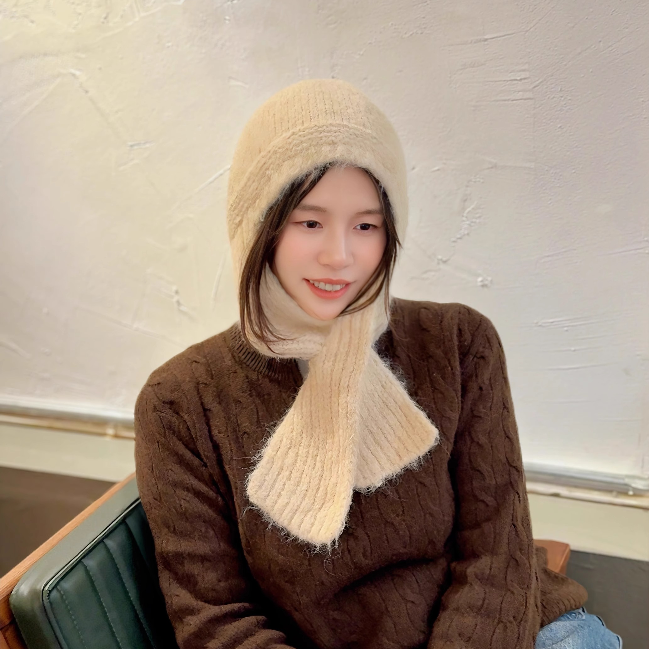 韩国保暖围巾一体毛线帽子女冬季