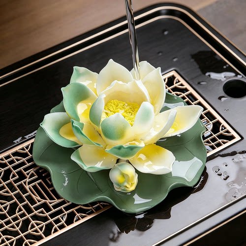 变色茶宠手捏荷花摆件陶瓷可养