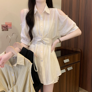 大码女装夏季新款胖mm套装气质收腰显瘦露肩防晒衫短裤两件套装