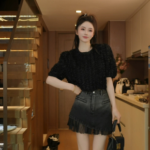 春季 牛仔短裙 荷叶边拼接牛仔半身裙高腰88261 网球少女 磊磊