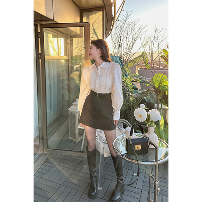 【磊磊分享】短裙拼皮腰带黑色半身裙#23883