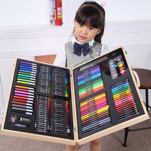 六一儿童节180木盒 礼盒绘画用品办公蜡笔油画棒 画笔套装 水彩笔