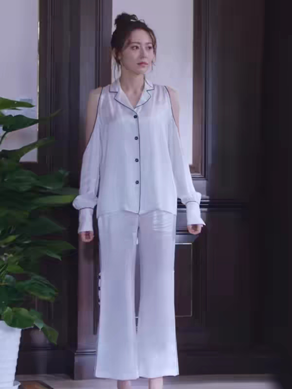 独特漂亮睡衣明星同款开衫衬衫裙夏性感露肩冰丝纯欲风家居服套装