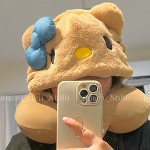 包邮】日系可爱黑皮猫咪卡通连帽U型枕飞机枕办公室午睡枕护颈枕
