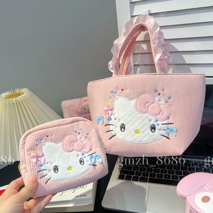 包邮】少女心日系卡通猫咪粉色小拎包饭盒袋便携化妆包杂物收纳袋