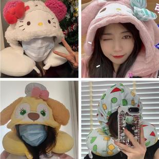 包邮可爱卡通粉兔子加大连帽U型护颈枕午睡枕头旅行飞机带帽子u枕