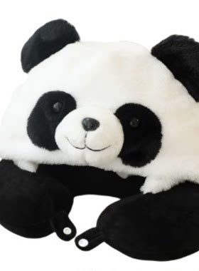 卡通熊猫连帽靠枕载睡觉u型枕