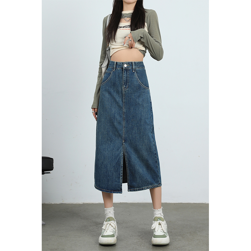 高腰开叉牛仔半身裙女2025春秋新款小个子复古宽松显瘦a字中长裙