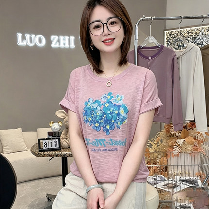 浅夏花影！2026天丝亚麻针织衫独特漂亮小衫软糯细腻显瘦薄短袖83