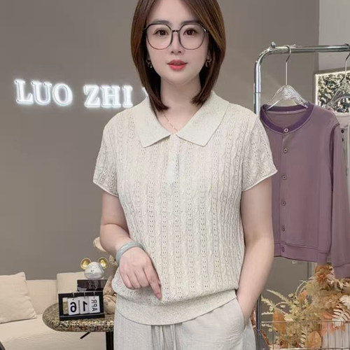 老钱POLO衫！兰精天丝亚麻立体小绞花翻领针织衫软糯休闲短袖女81