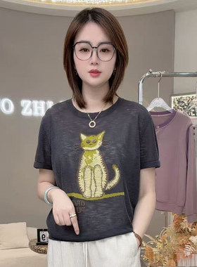 闲趣橘猫！26夏时尚轻柔透气时尚显白休闲软糯针织衫短袖T恤A8150