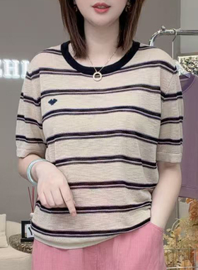 随心穿亚麻T！26夏季天丝亚麻条纹针织衫宽松百搭短袖T恤女A8191