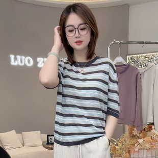 粉雾条纹！26夏兰精天丝亚麻条纹针织衫柔软亲肤显瘦短袖T恤A8153
