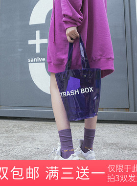 纯棉字母中筒短袜秋冬新款紫色袜子女香芋紫潮外穿运动跑步长筒袜