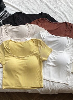 法式方领带胸垫短袖T恤女夏露脐短袖T恤修身短款短袖上衣瑜伽打底