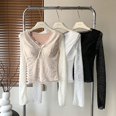 纯欲辣妹蝴蝶结v领蕾丝衫上衣女